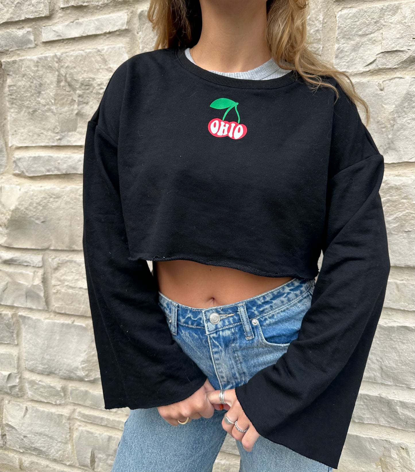 Ohio Cherries Bell Sleeve Crop Crew