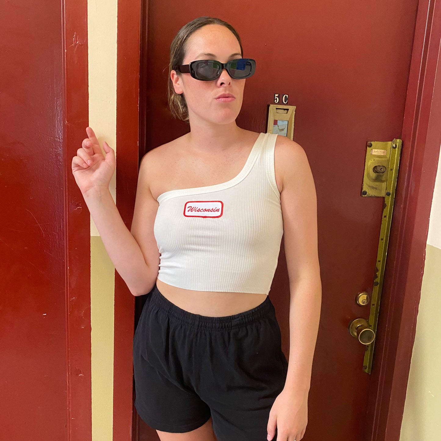 Wisconsin Name Plate One Shoulder Top