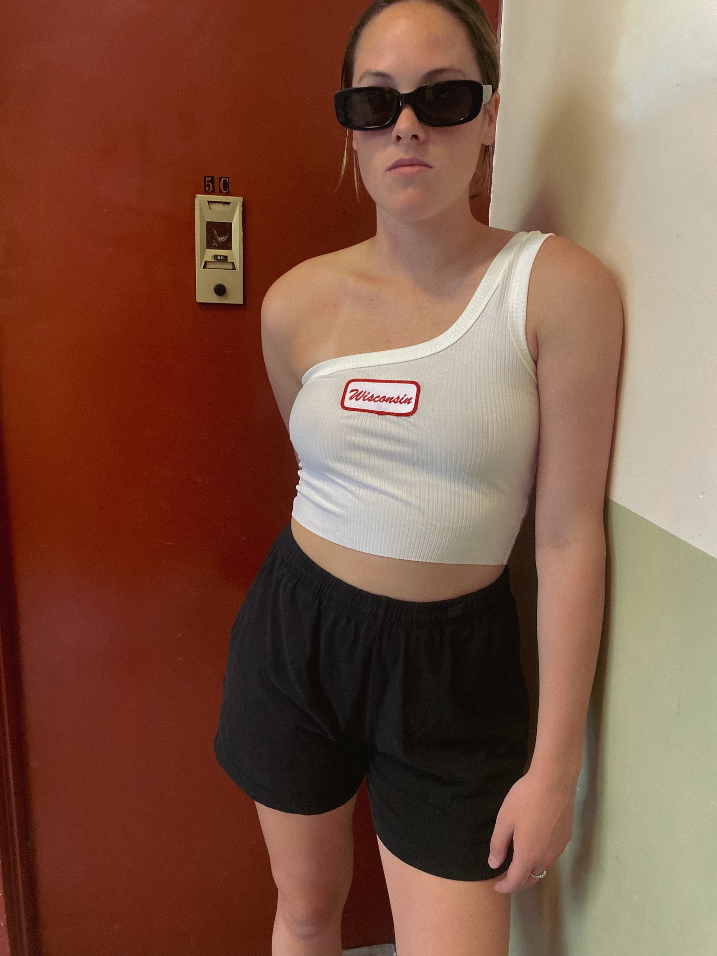 Wisconsin Name Plate One Shoulder Top