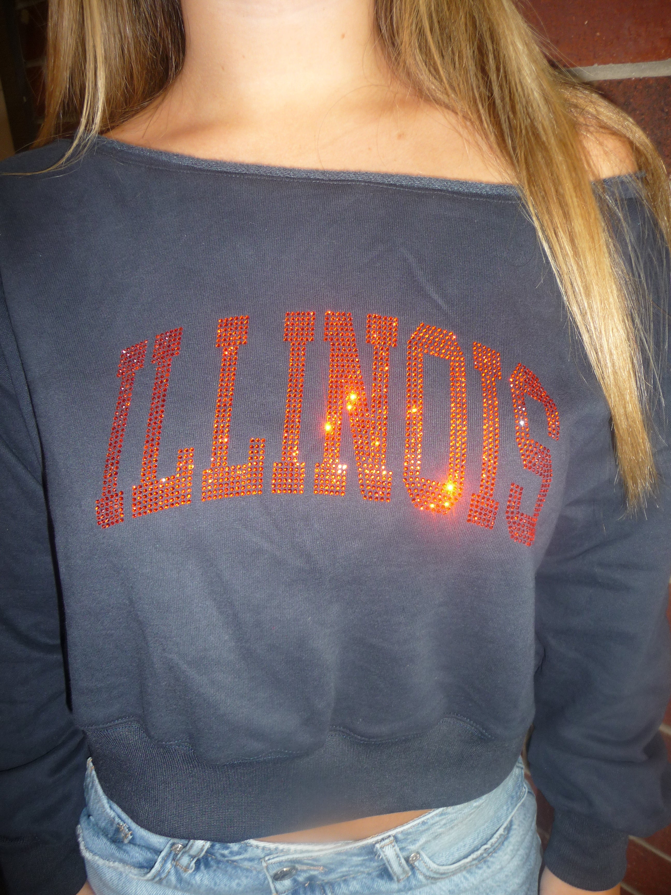 Illinois Rhinestone Crop Off Shoulder Crew