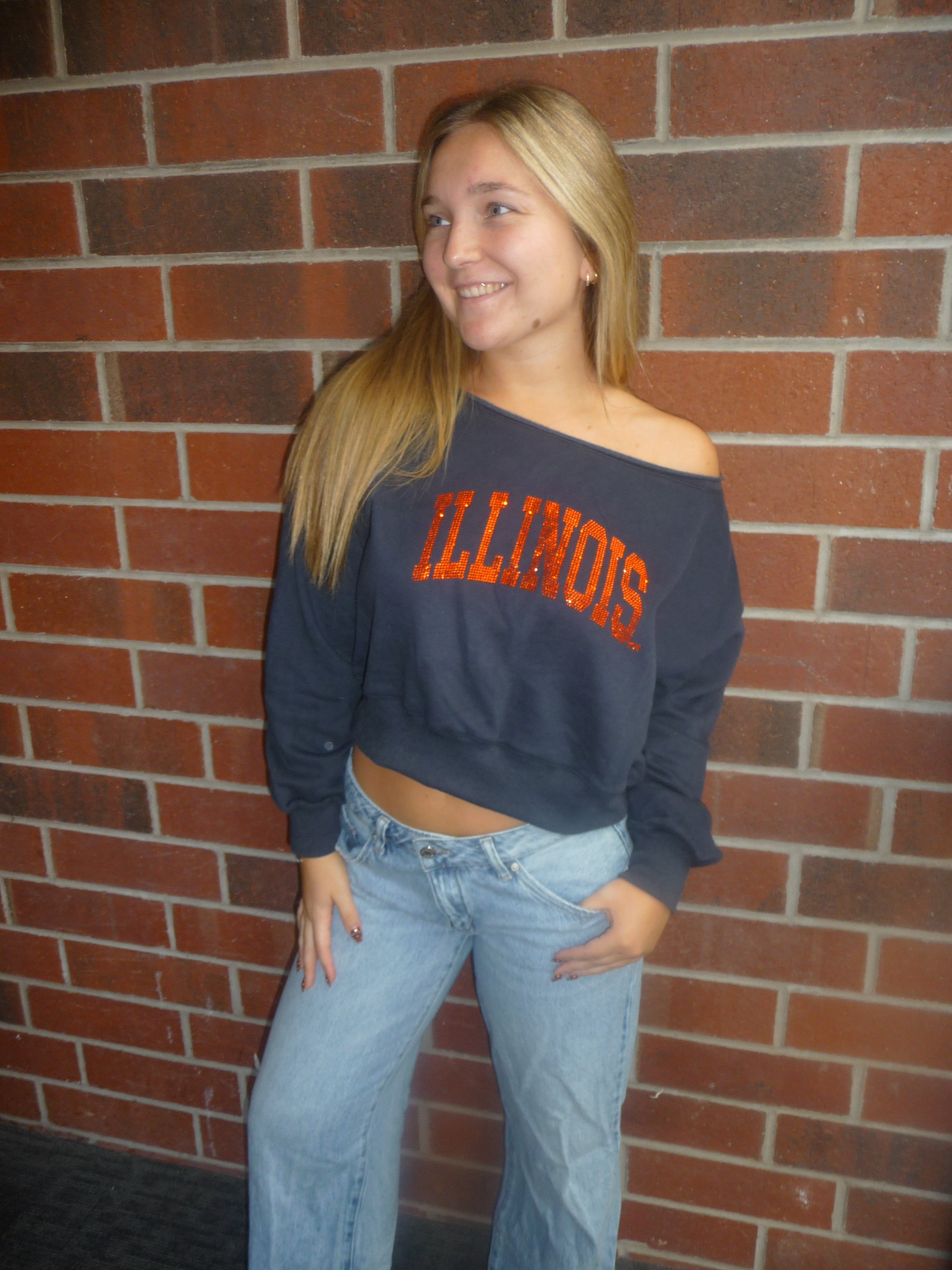 Illinois Rhinestone Crop Off Shoulder Crew
