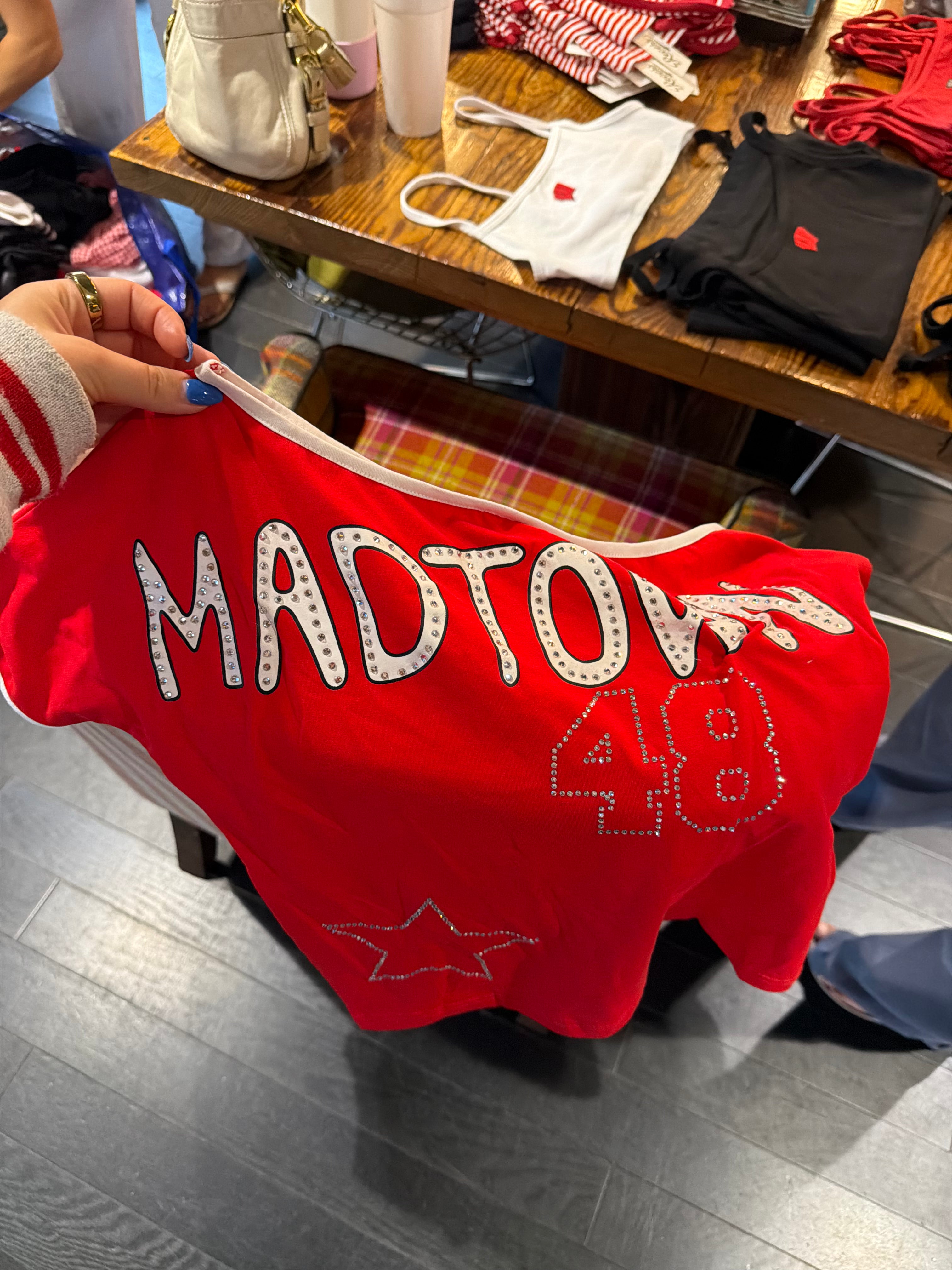 Madtown Rhinestone Off Shoulder Top
