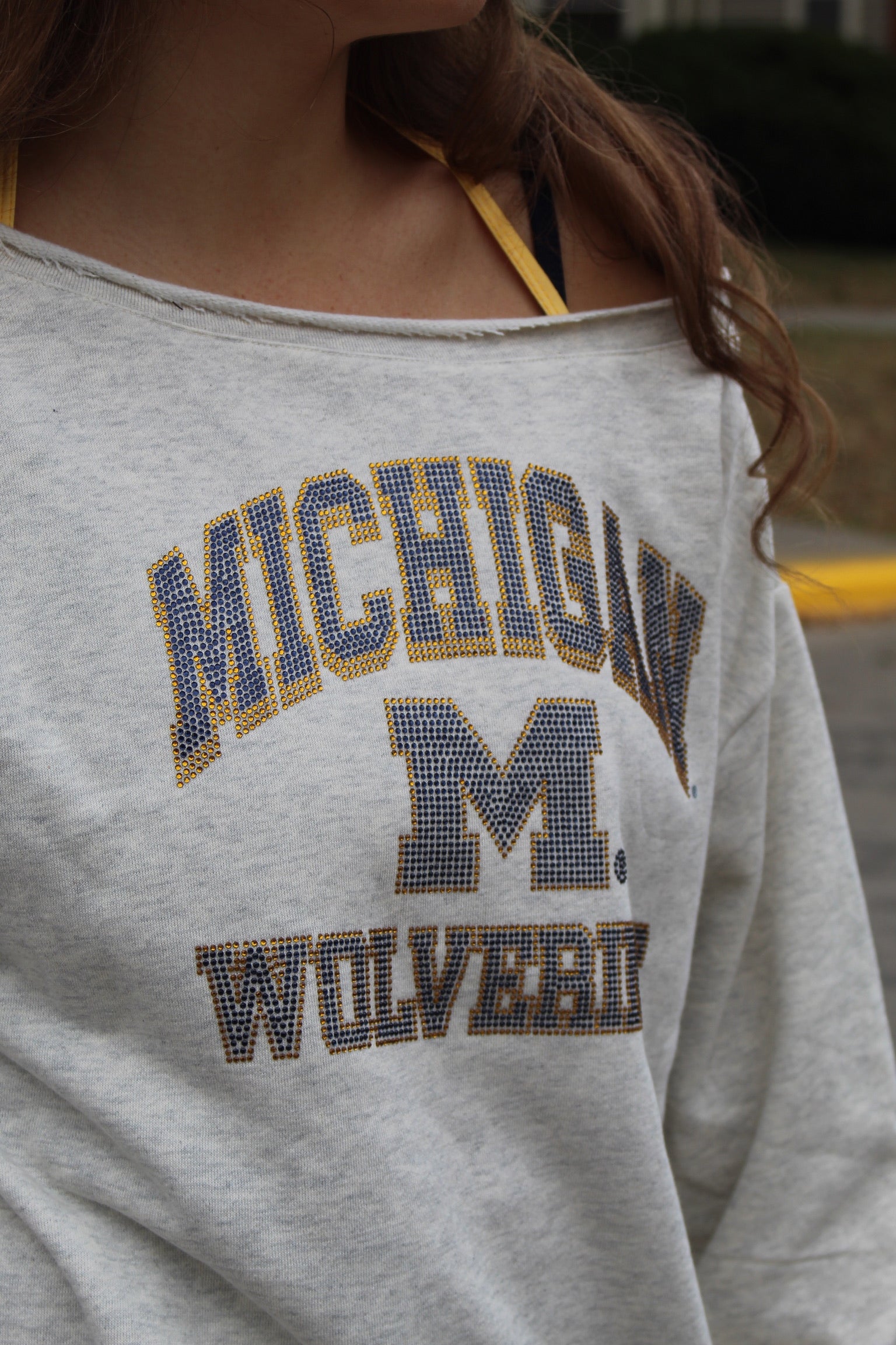 Michigan Rhinestone Off Shoulder Crew