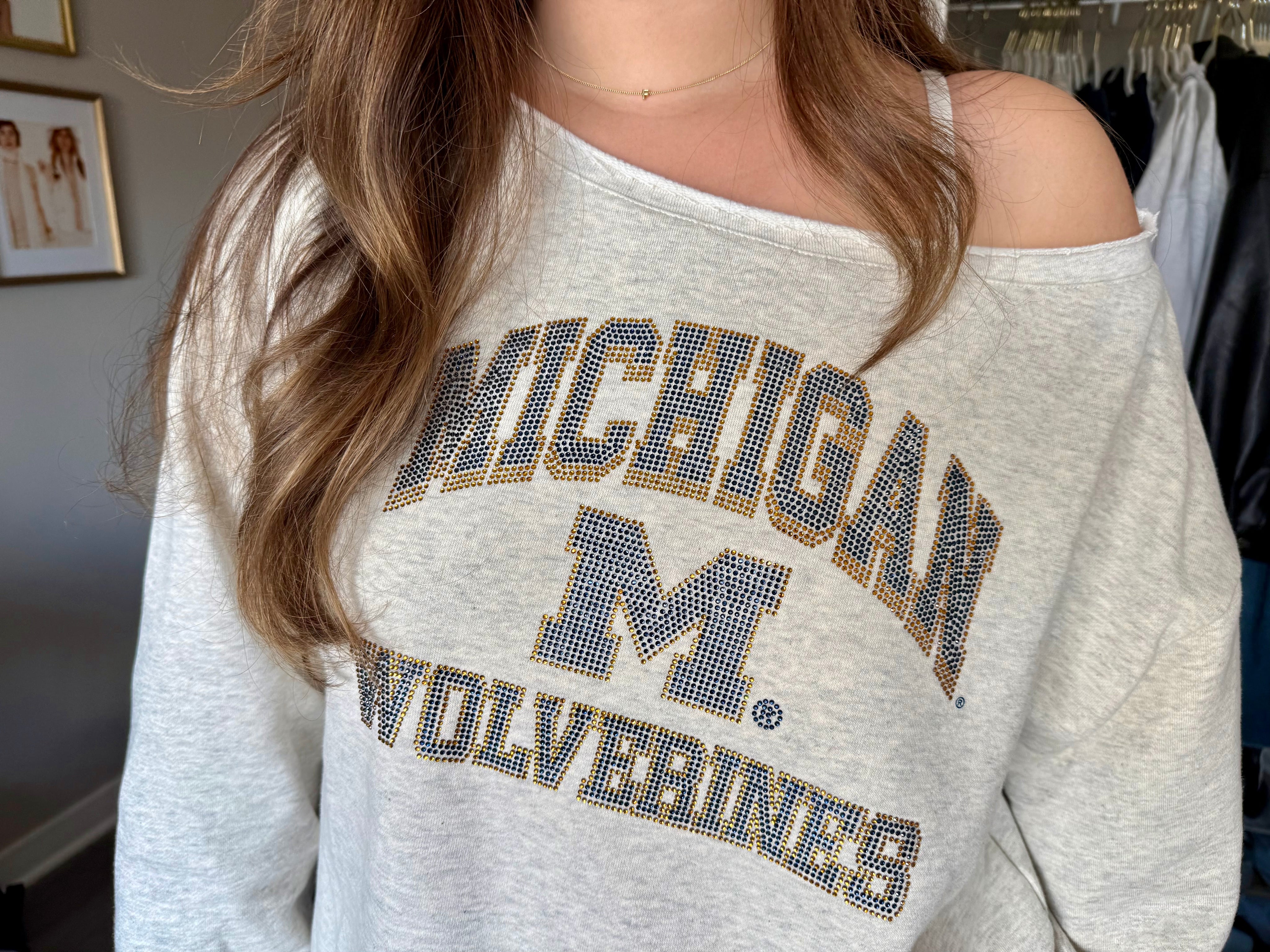 Michigan Rhinestone Off Shoulder Crew
