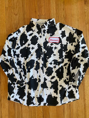 Wisconsin Name Plate Cow Print Shacket