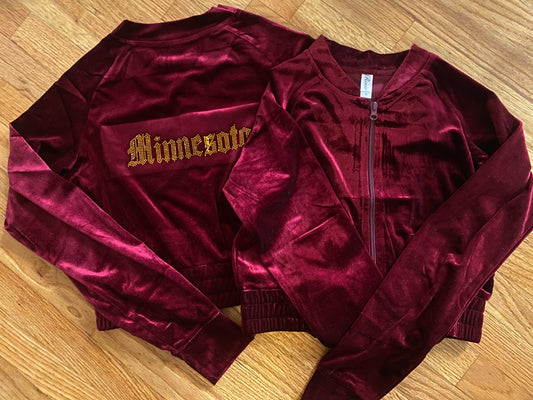 Minnesota Rhinestone Crop Velour Bomber Jacket